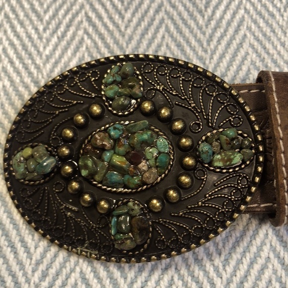 Western Leather Embossed Belt, Turquoise stone and Brass Buckle Approx 34” long - Picture 1 of 10